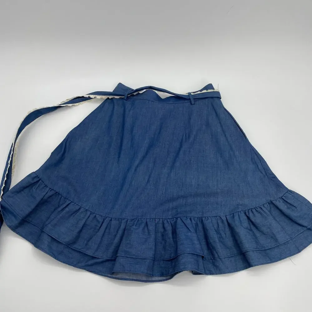 MODCLOTH Chambray Skirt Women's Size S Mini Ruffle Self Tie Belt A-Line Pockets